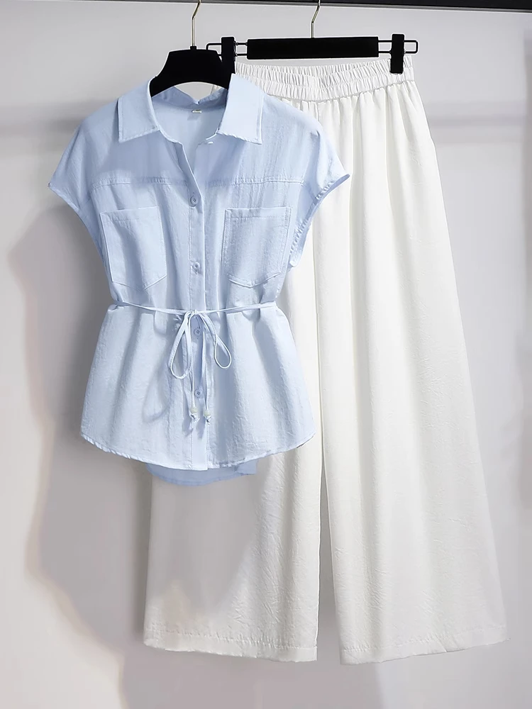 设计感显瘦无袖衬衫女夏季2025新款时尚气质洋气高腰阔腿裤两件套