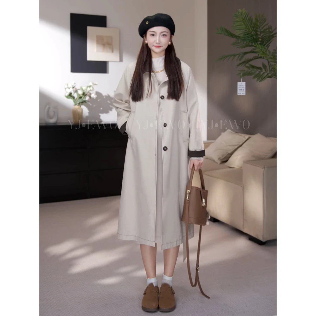 秋季韩版宽松气质翻领中长款设计感长袖风衣-7051