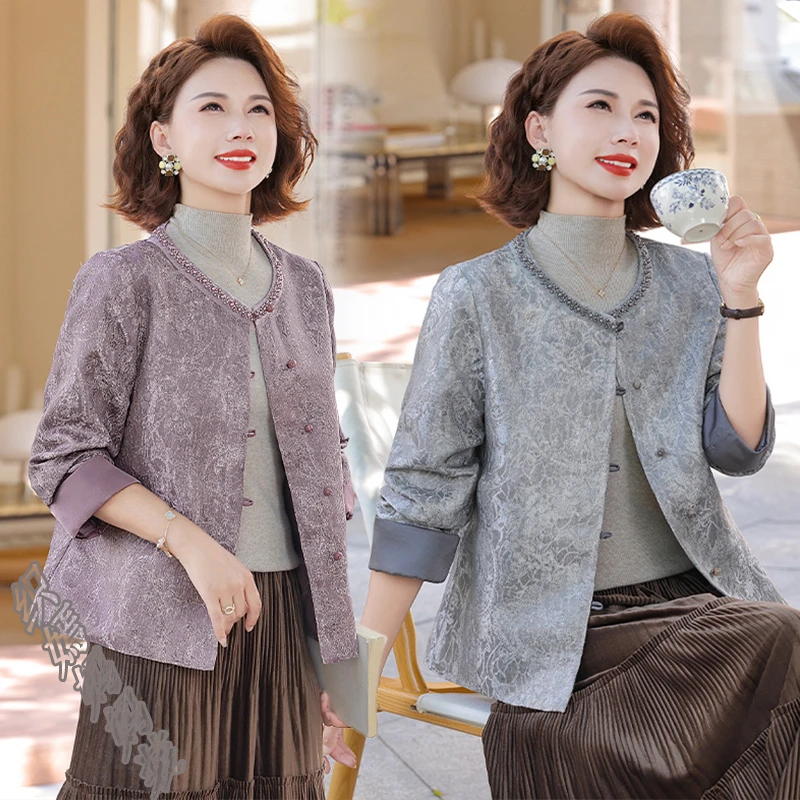 妈妈秋装新款圆领时尚外套2025中老年女装洋气百搭气质小香风上衣