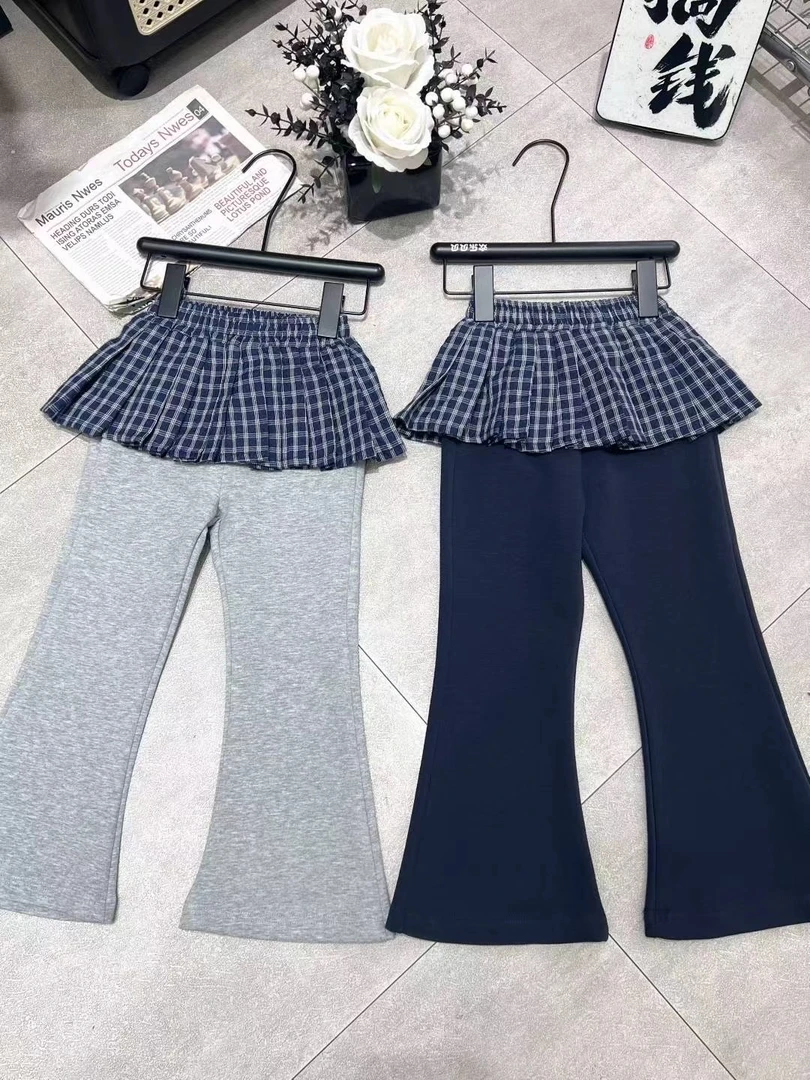 【贝贝优品】女童2025秋季新款休闲格子裙裤微喇裤