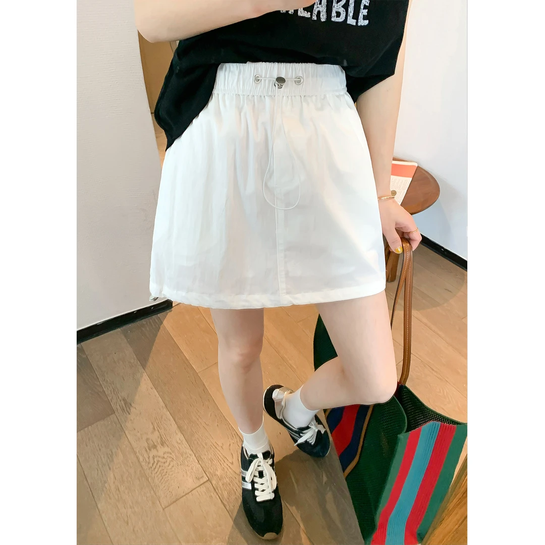 白色抽绳工装短裙女夏季新款大码胖mm遮肚显瘦百搭气质A字半身裙