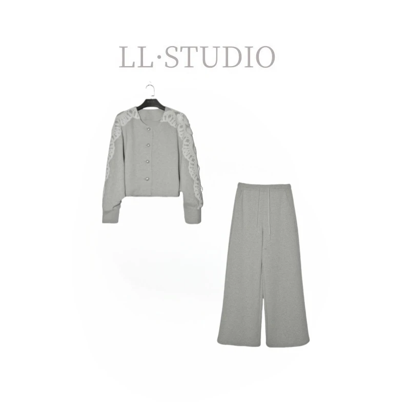 妙兮·LL春季新款时尚日常气质设计款拼接蕾丝休闲套装*20250207