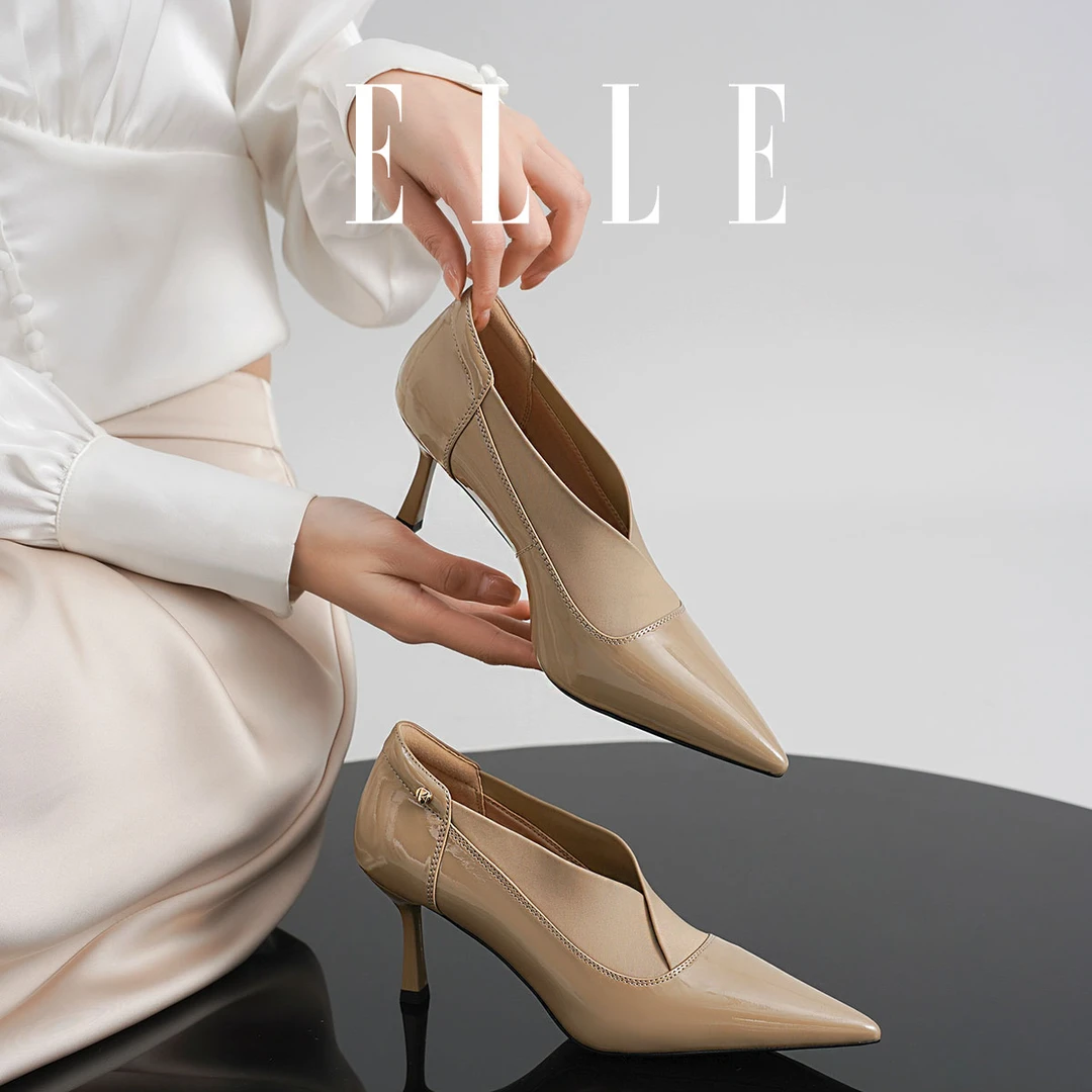ELLE真皮漆面通勤职业单鞋高端上档次女鞋名媛风气质高跟鞋不累脚