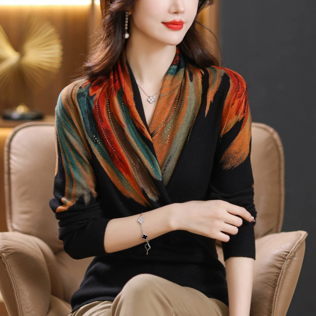品牌碎花V领毛衣女羊毛衫上衣针织妈妈装2025春装打底羊毛衫外套