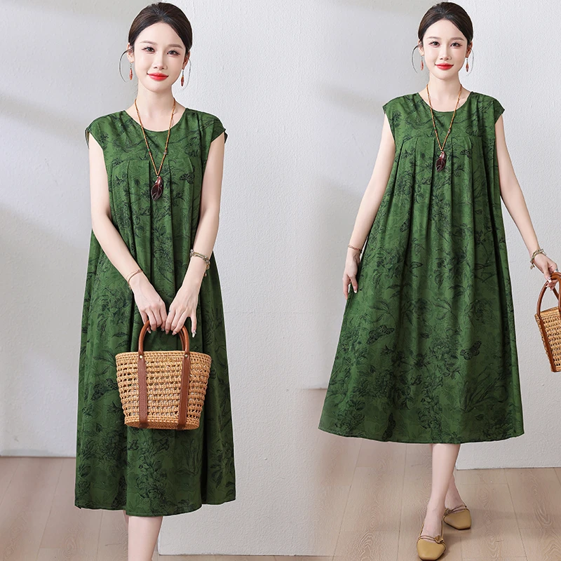 中老年棉绸连衣裙女夏高端加肥加大码女装新款过膝大摆长裙子睡裙