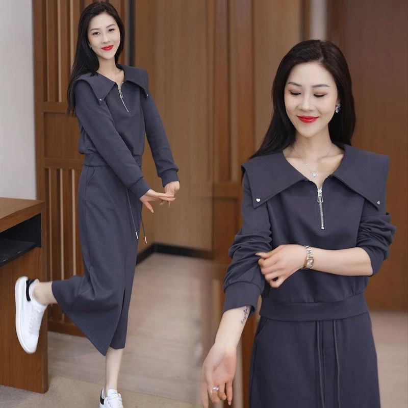 休闲运动卫衣套装裙女2025春季新款宽松气质显瘦开叉半身裙两件套