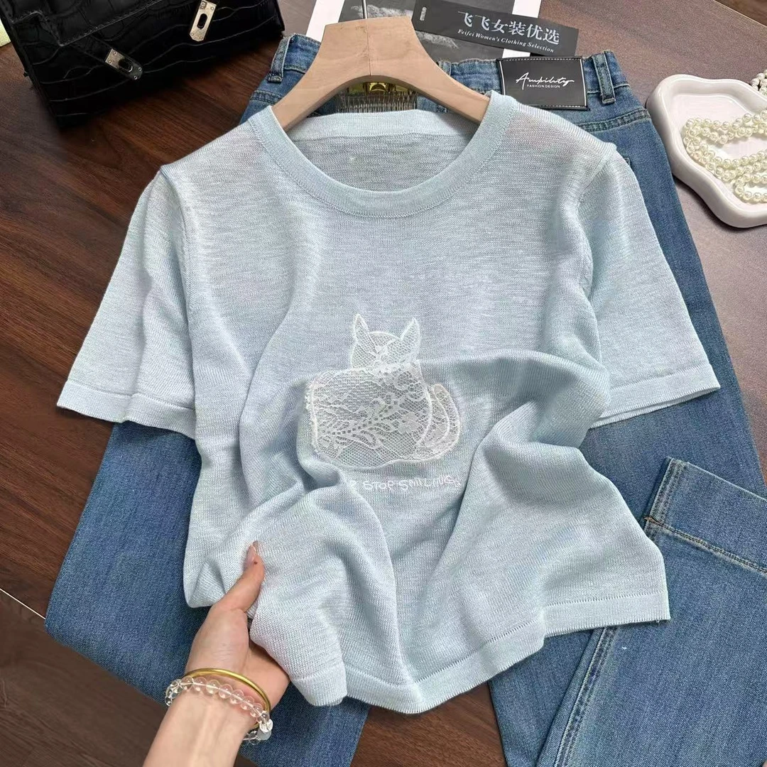 蕾丝小猫图案~冰蓝色好夏天！轻薄气质百搭不挑人针织衫Y7068蓝