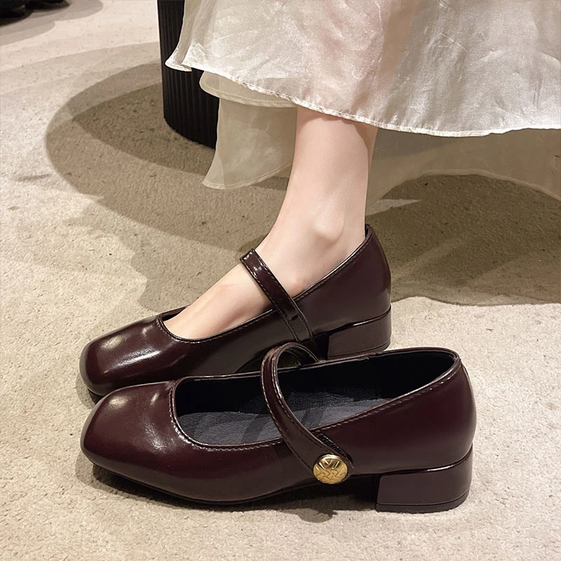 复古粗跟中跟百搭单鞋女2025新款春季韩系方头魔术贴玛丽珍小皮鞋