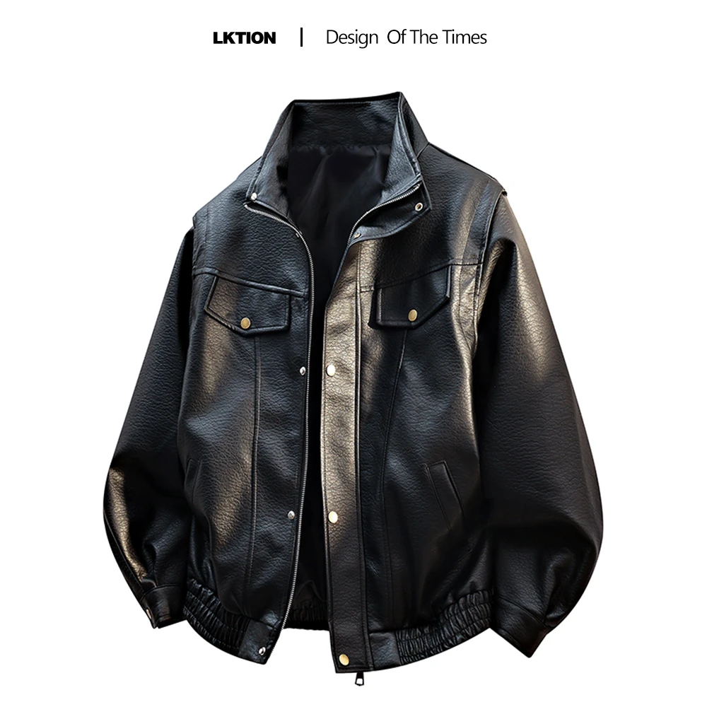 LK正品 美式高级感立领pu皮夹克痞帅宽松休闲情侣机车风皮衣外套