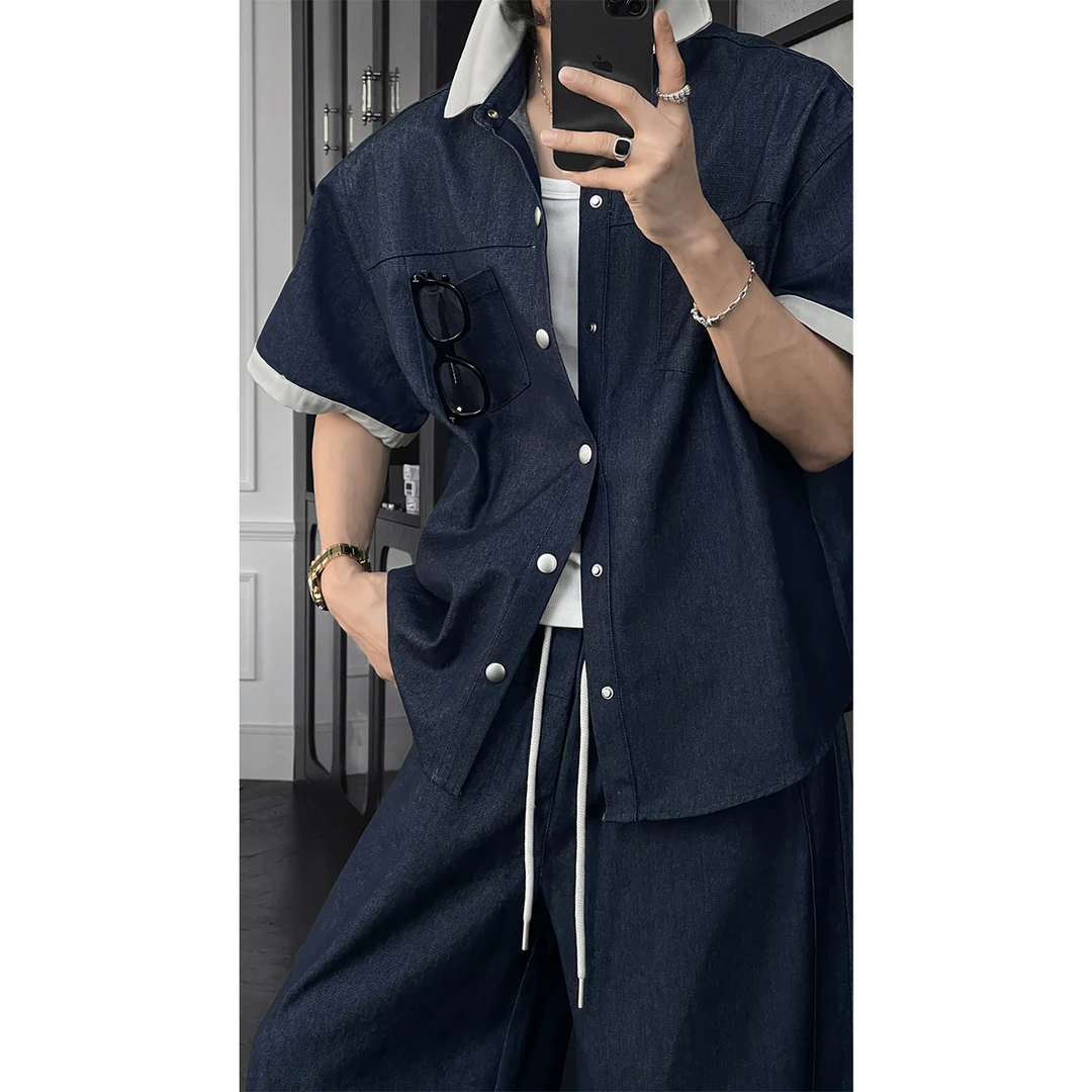 龙叨叨夏季新款潮流复古拼接牛仔短袖百搭衬衫宽松弯刀长裤套装