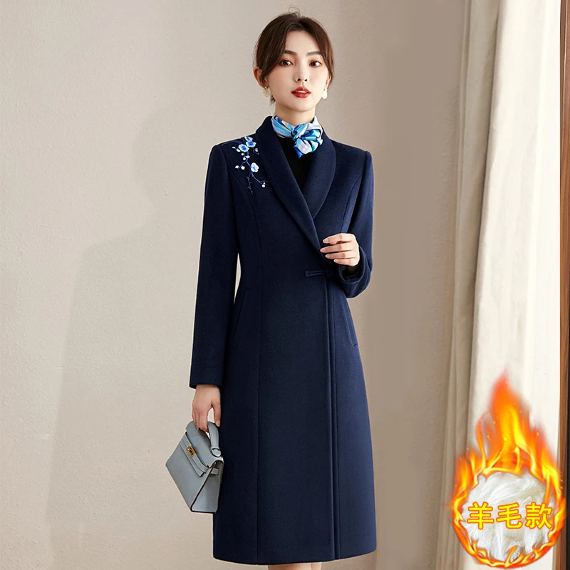 芭妃娅国风刺绣毛呢外套女秋冬职业装羊毛大衣前台工作服迎宾工装