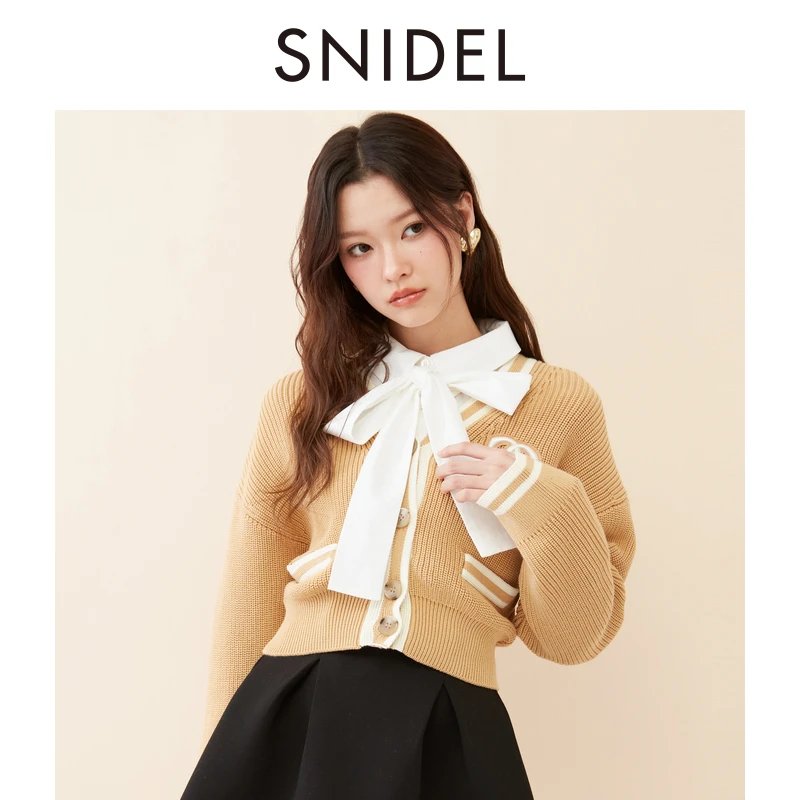 SNIDEL2025春夏新品简约V领落肩拼色刺绣针织开衫外套SWNT251101