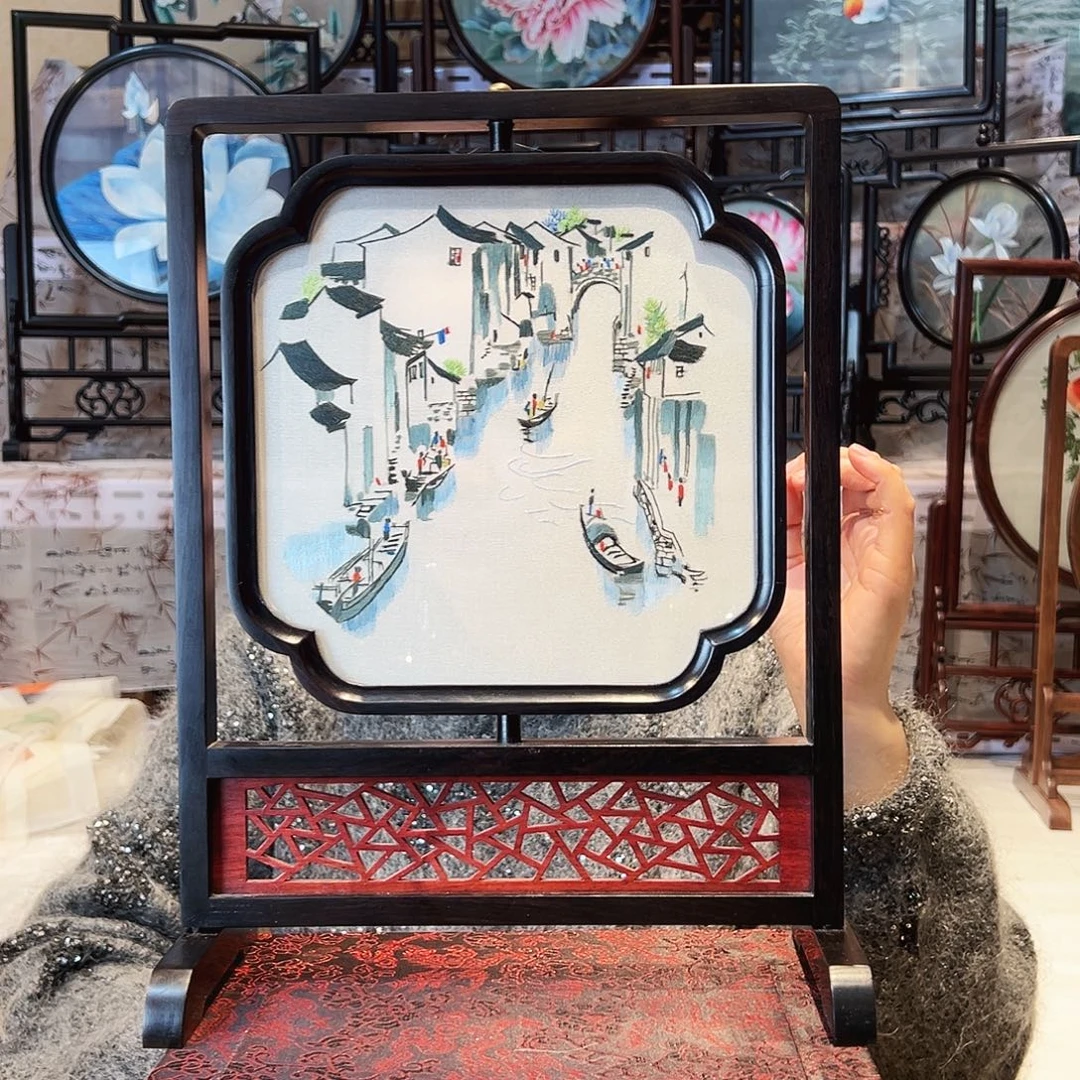 织绣苏绣摆台檀木手工双面