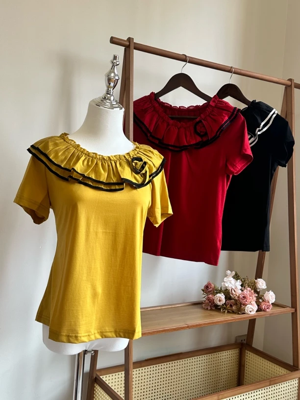 双层花边设计立体绣花领口气质显瘦女上衣百搭