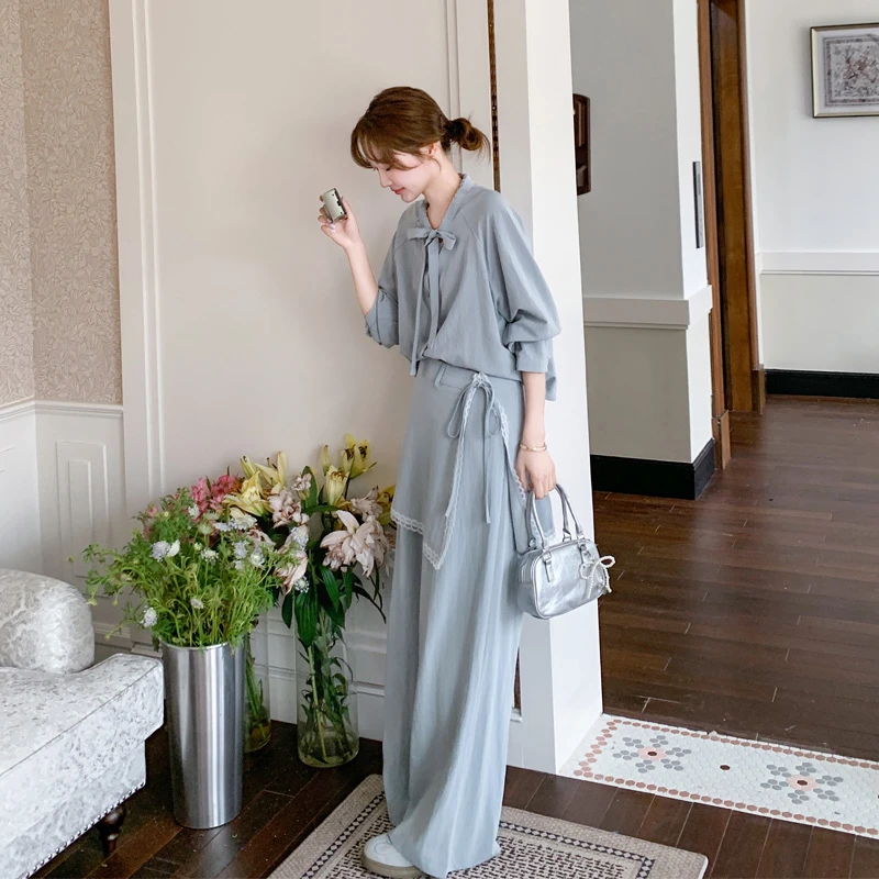 韩系ins风系带衬衫屁帘阔腿裤2025春秋新款松弛感显瘦宽松三件套