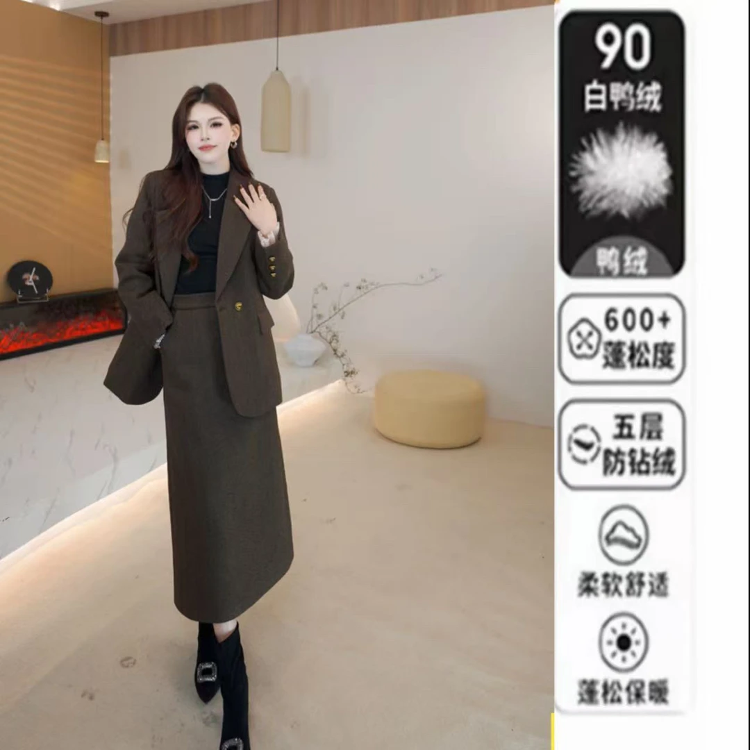 冬款90白鸭绒大女主设计感高级羊毛套装