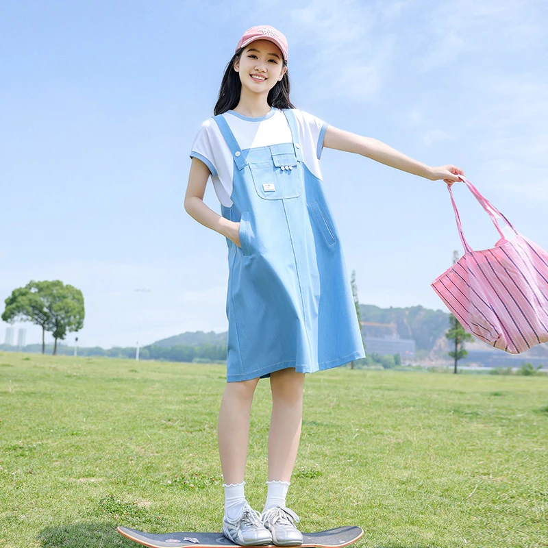 初中生夏季牛仔连衣裙薄款2025新款少女高中学生假两件背带裙大童