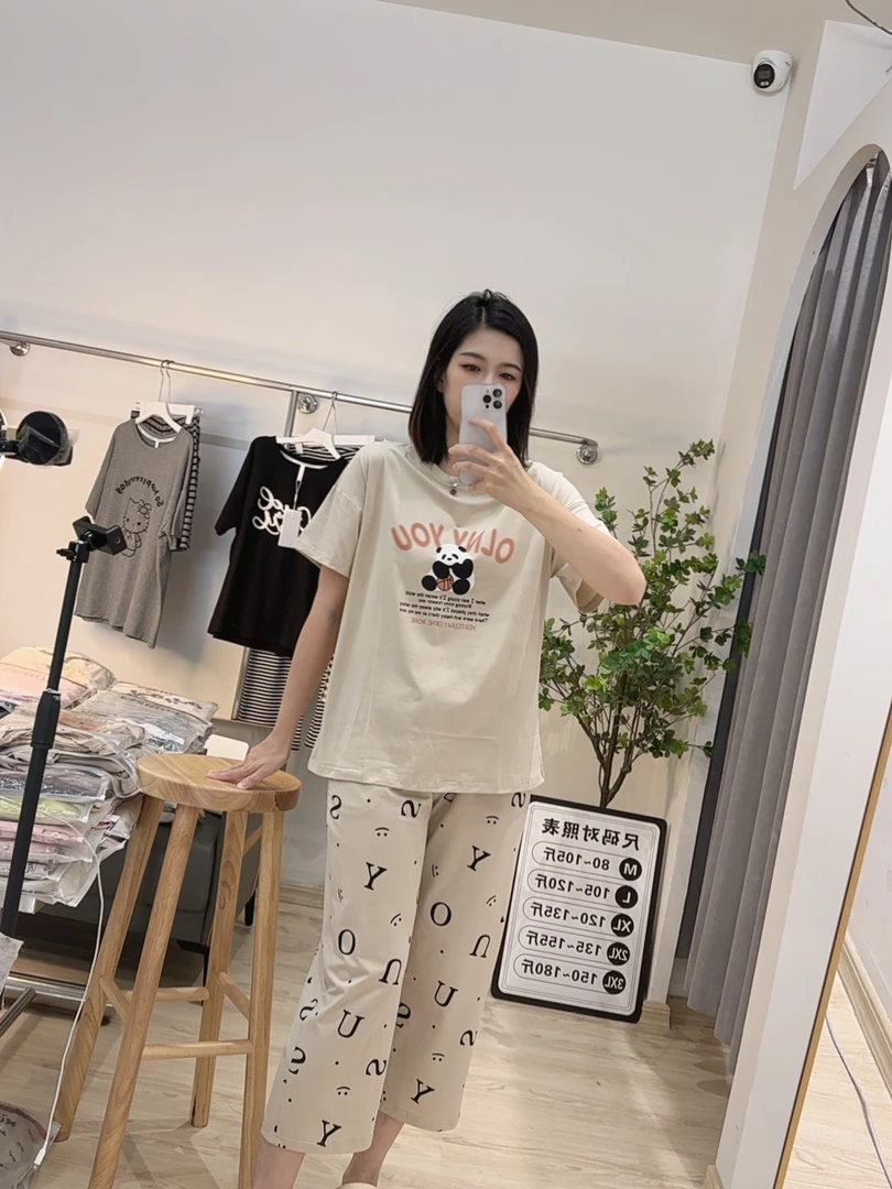 夏季爽棉睡衣女短袖八分裤舒适时尚休闲宽松印花韩版简约卡通套装