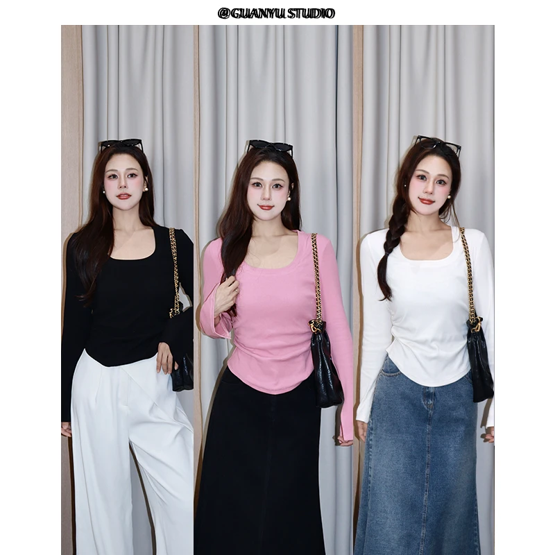 【温柔法则】春季长袖方领造型遮盖腰腹赘肉显瘦时尚上衣DM25584