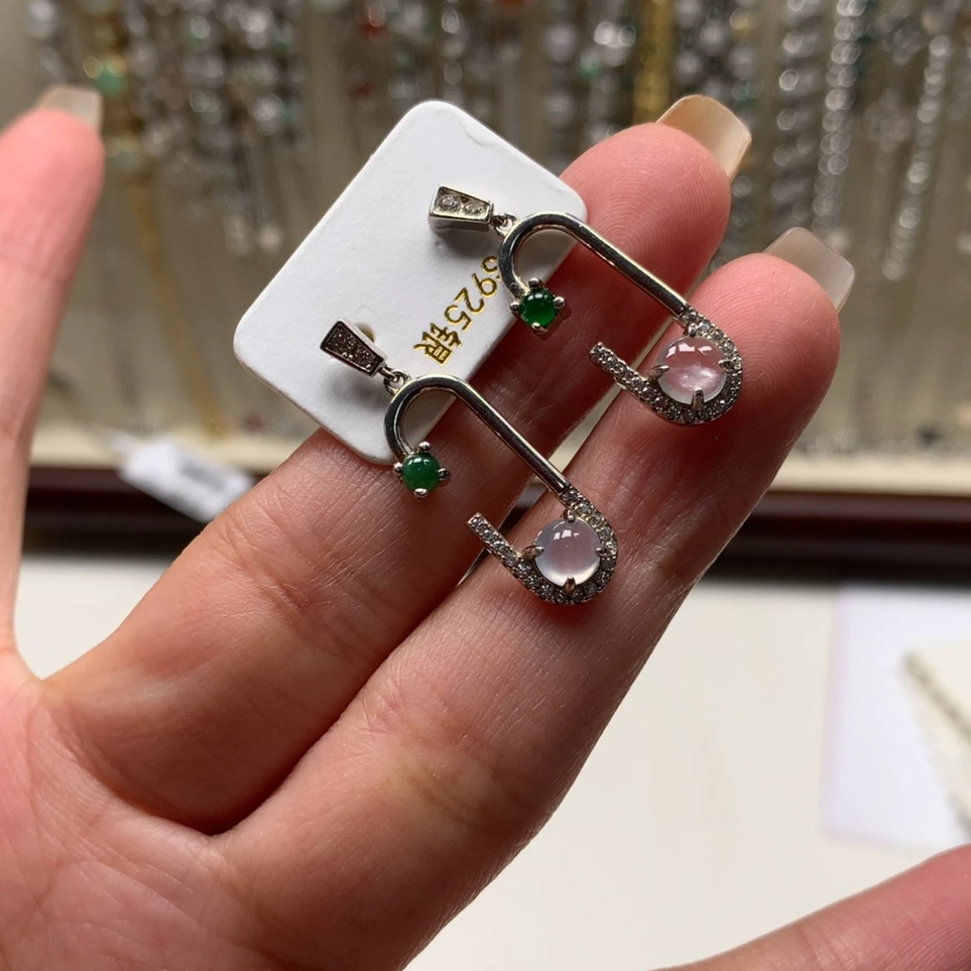 翡翠银S925镶嵌戒指耳钉