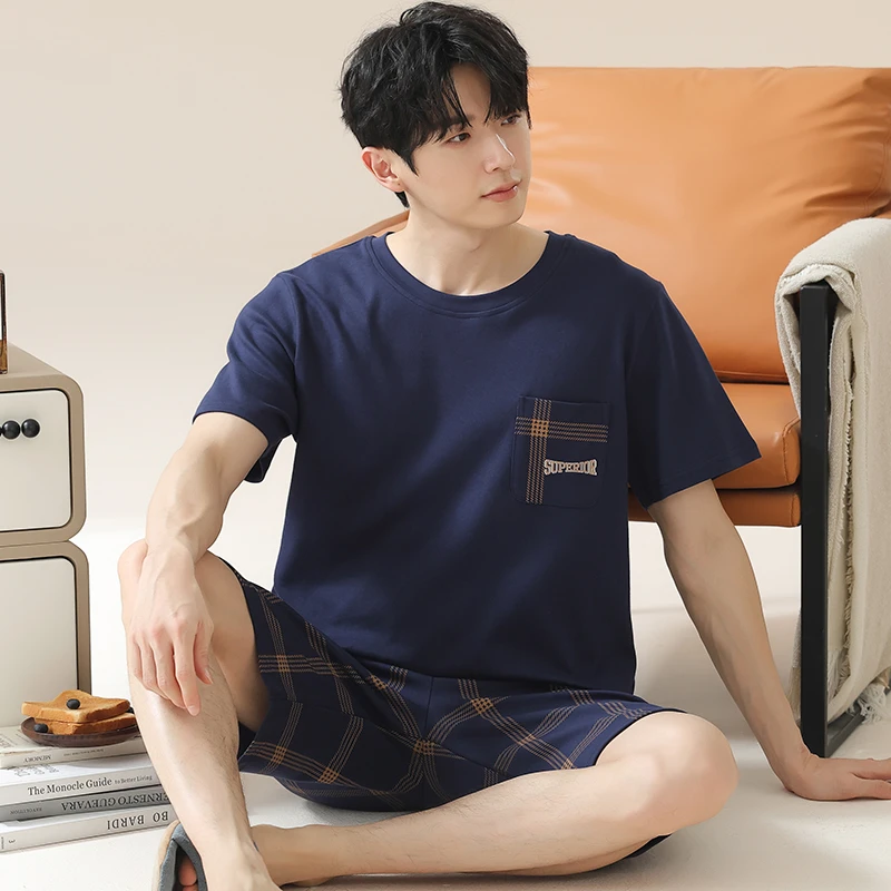 卡之恋睡衣男夏季纯棉薄款短袖2025新款短裤格子复古加大码家居服