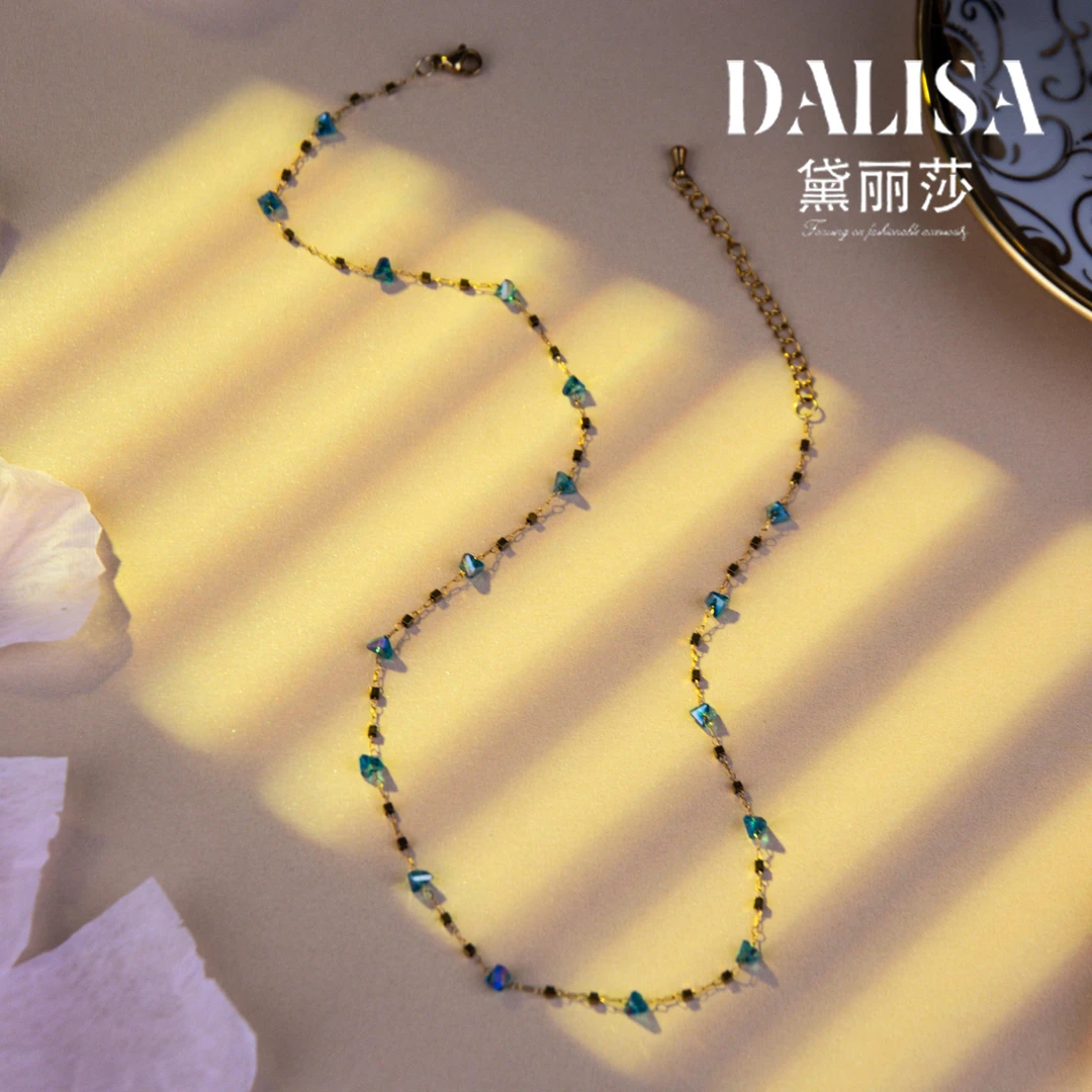 铜合金仿水晶项链 【黛丽莎】简约时尚百搭浅蓝满天星项链LX3093