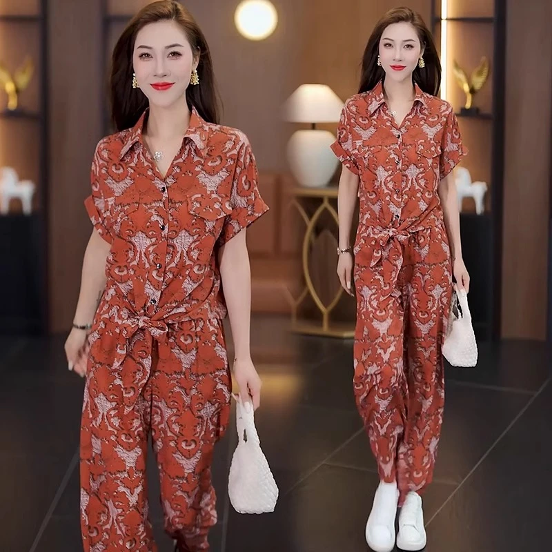 洋气质高级感时尚套装女2025夏装爆款雪纺衬衫穿搭阔腿裤子两件套