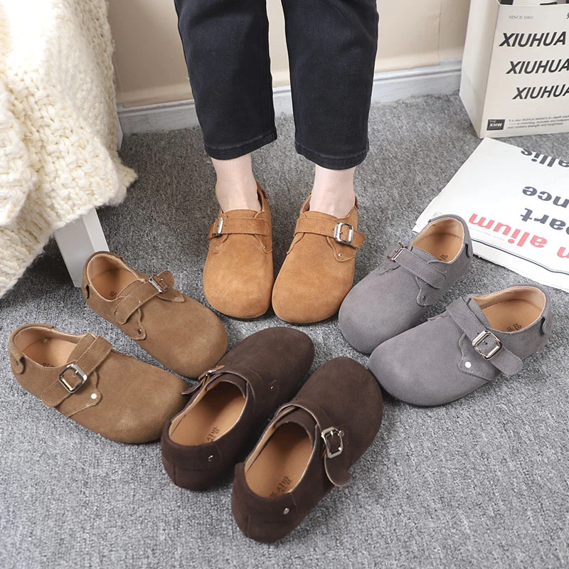 牛皮翻毛皮圆头软底一脚蹬单鞋女2025秋季真皮复古博肯鞋子女皮鞋