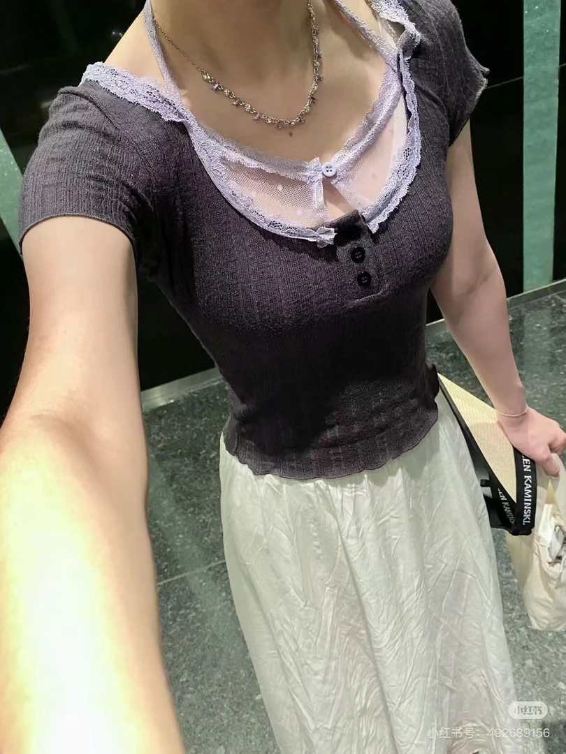 B22-3灰紫色“蕾丝纱带”短袖（2331）