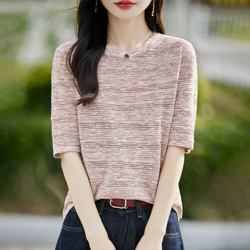 云朵天丝亚麻设计感镂空薄款针织T恤气质宽松圆领短袖