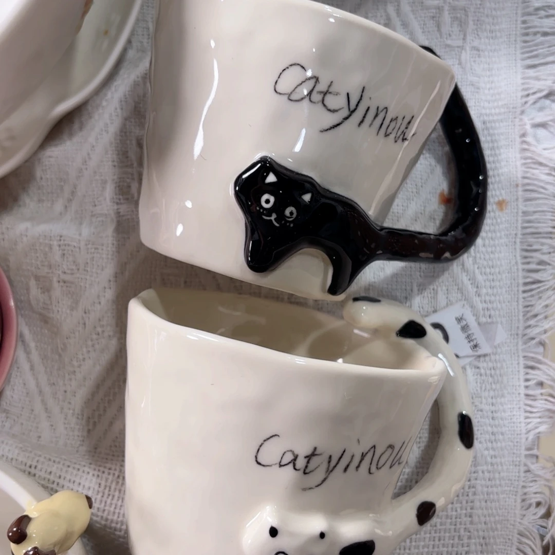 陶微微瑕小黑猫小白猫手作杯