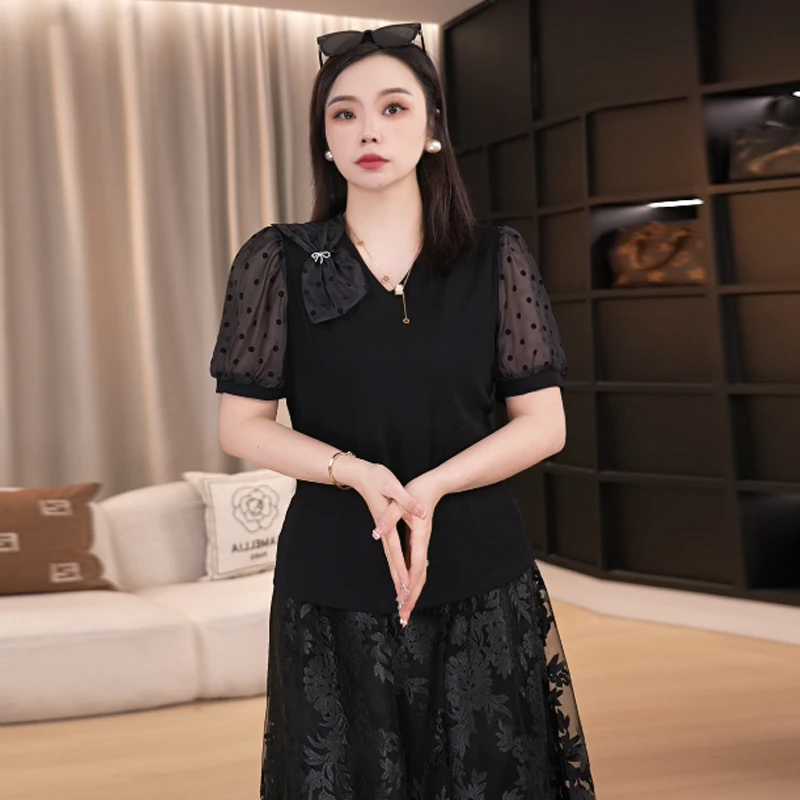 伊自尚大码女装蕾丝镂空小衫遮肚子显瘦韩版短袖夏季上衣13832