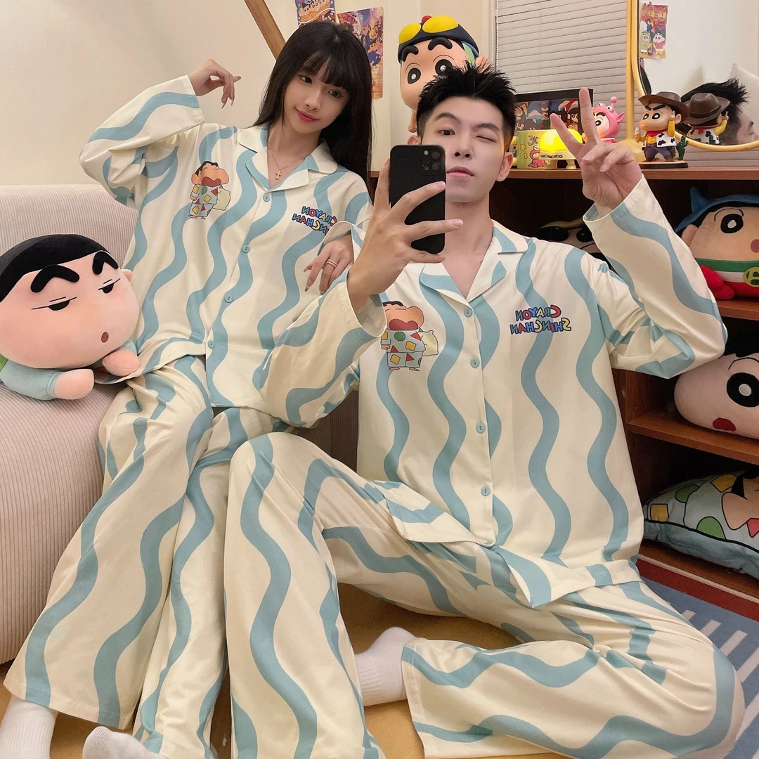 奥美诗嘉【蜡笔小新】情侣睡衣女春秋薄款卡通印花长袖纯棉家居服