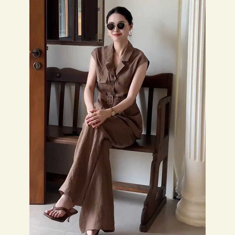 大方得体穿搭一整套干练气质轻奢高级感老钱风亚麻西装马甲套装夏
