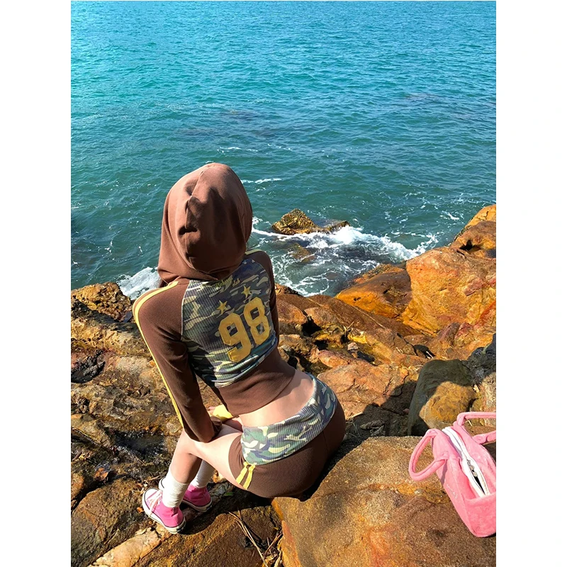 美式复古连帽长袖上衣短裤两件套