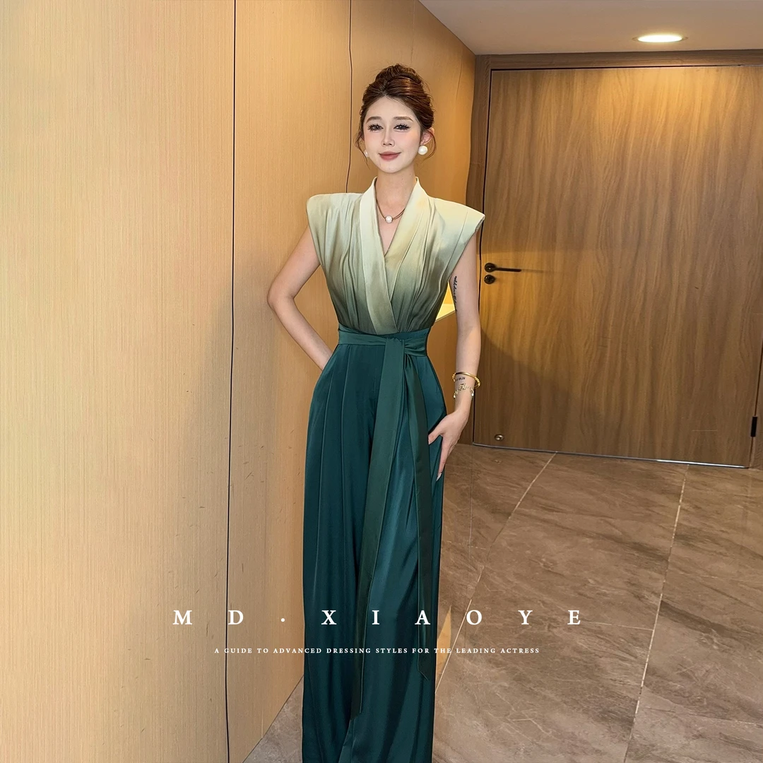 【MD原创】2025夏季穿搭千金风极简风绿色渐变百搭拼接无袖连体裤