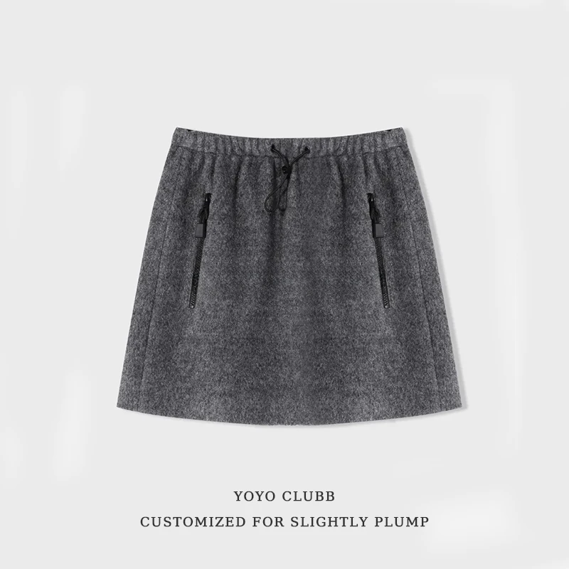 YOYO家【暖冬漫步】羊毛修饰拉长比例半身短裙拉链口袋松紧腰