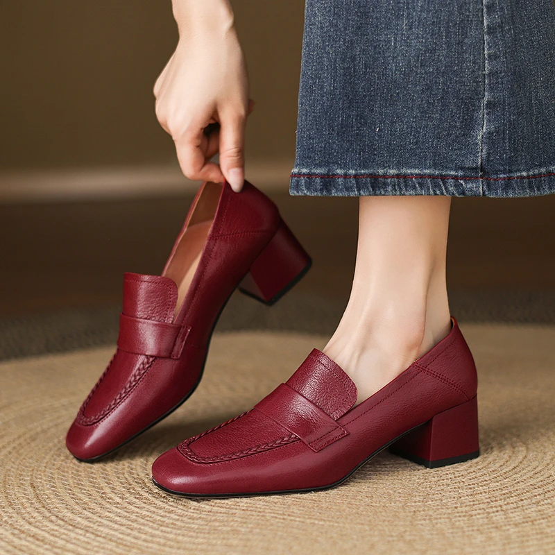 复古方头乐福鞋女2025年新款秋季软羊皮单鞋不累脚5cm粗跟高跟鞋