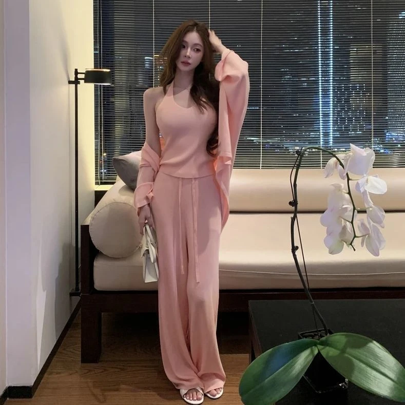 慵懒风新款秋季套装三件套气质开衫高腰针织挂脖背心新款休闲长裤