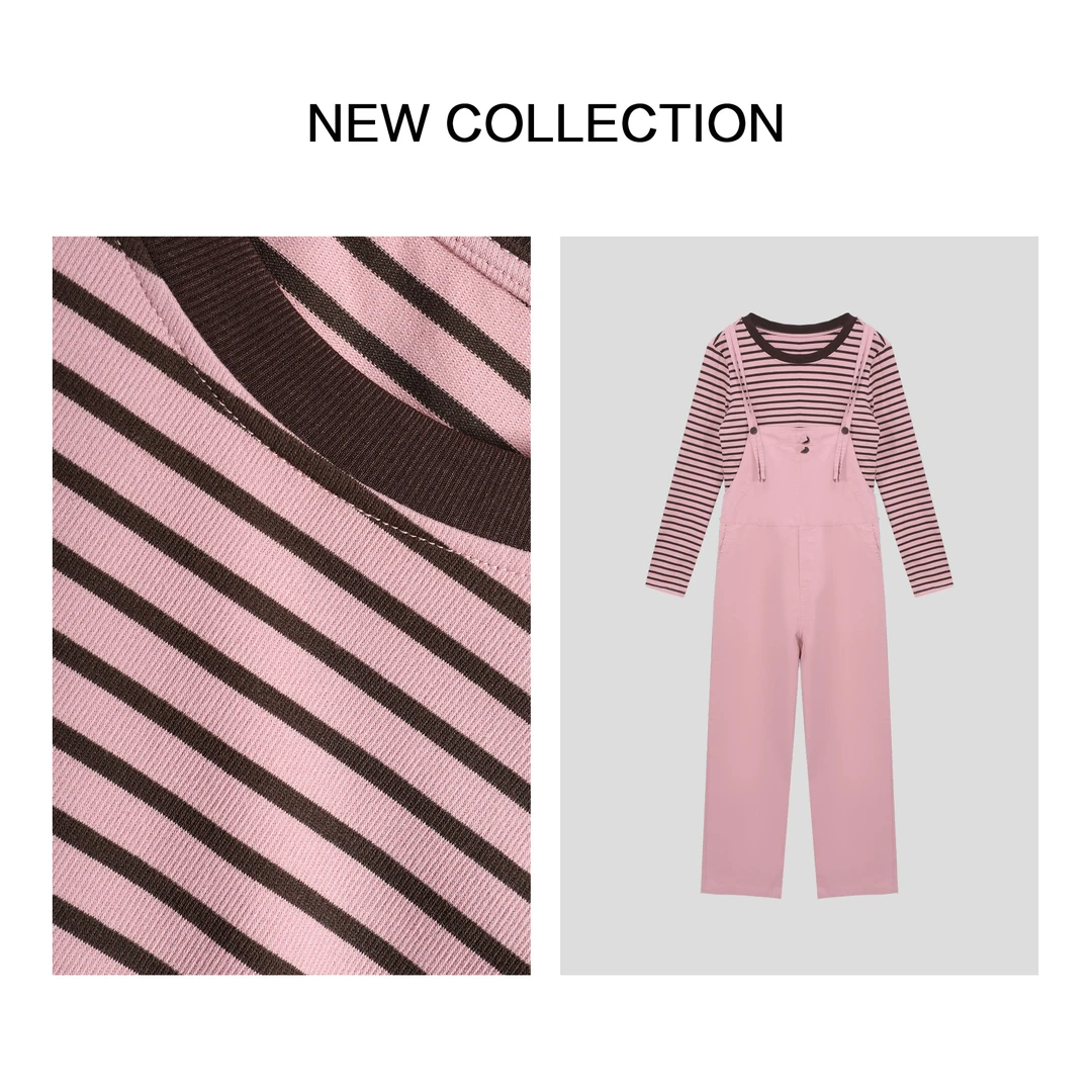 《婷婷专属》D3F39025B 春季减龄必备 条纹T恤+牛仔背带裤两件套