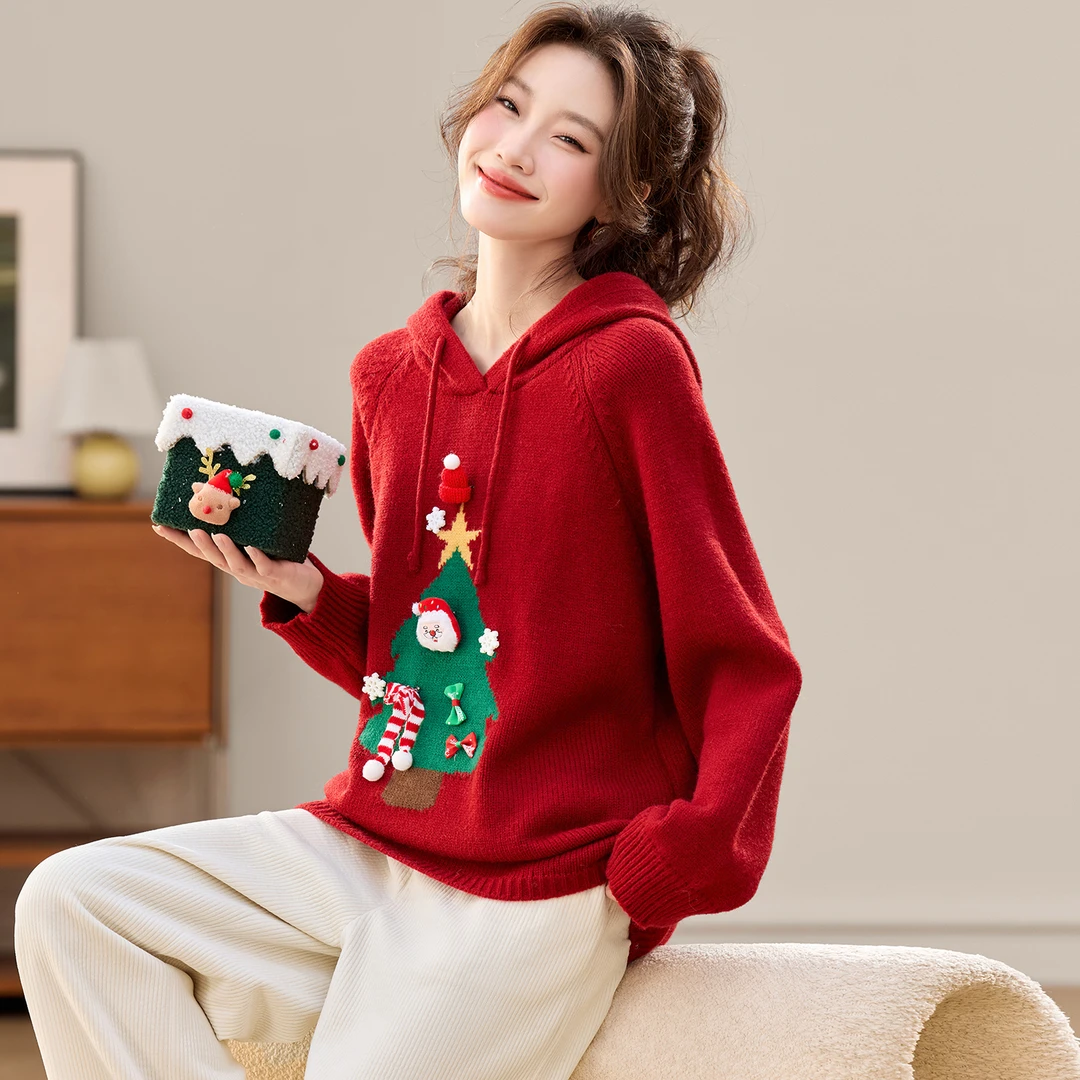 哥弟阿玛施正羊毛衫厚圣诞风连帽新年红色针织女宽松保暖毛衣上衣