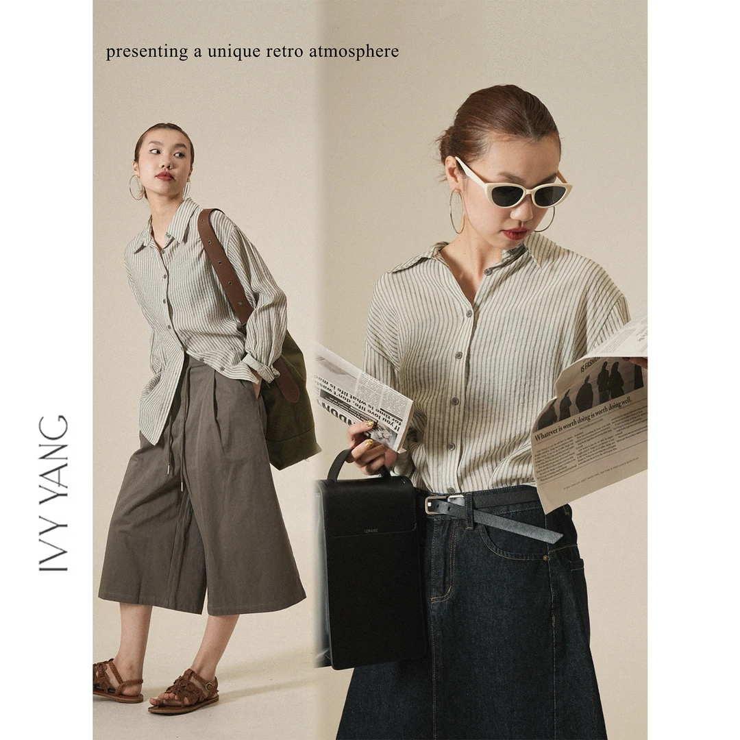 IVY YANG灰绿条纹通勤百搭长袖衬衫