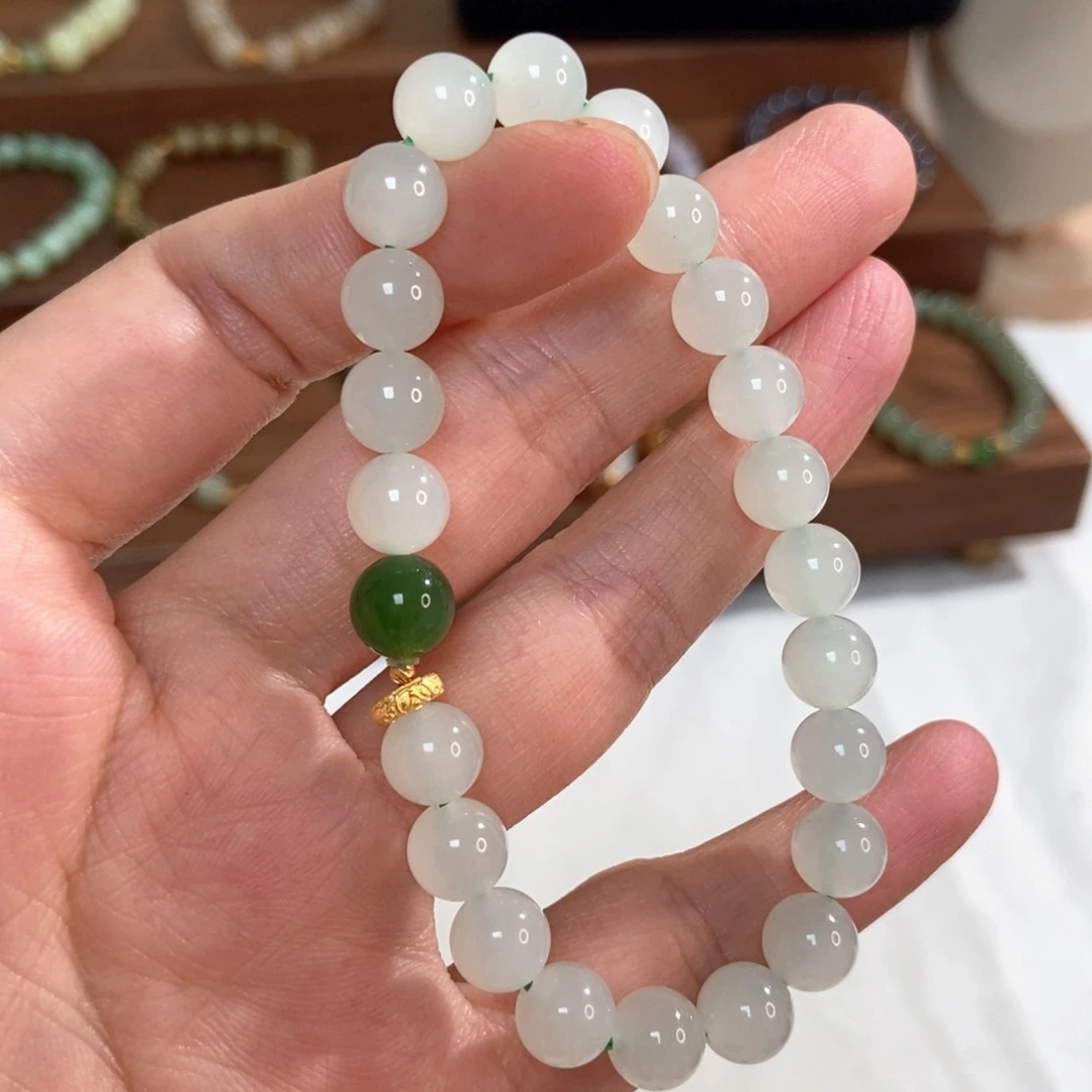 手链18K金镶嵌和田玉8mm晴白