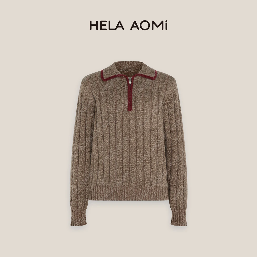 HELAAOMI “浆果花园”撞色针织衫半拉链毛衣套头上衣CY4DM31618