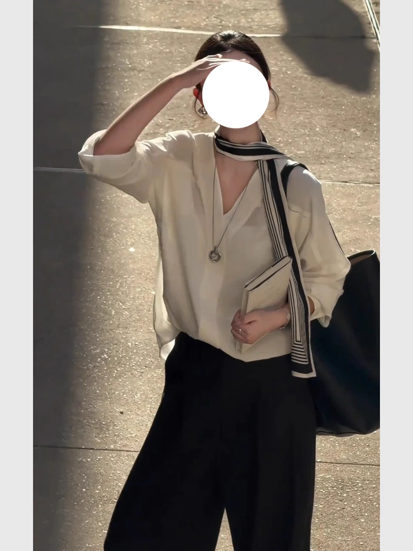 轻熟风职场通勤白色V领衬衫法式秋季百搭薄款韩版上衣女外穿