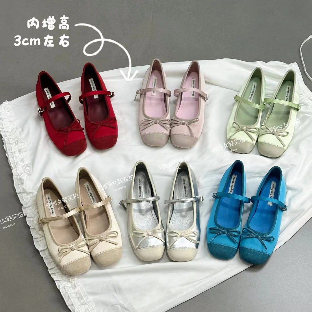 内增高法式温柔蝴蝶结玛丽珍鞋女鞋早春新款芭蕾舞鞋配裙子单鞋子