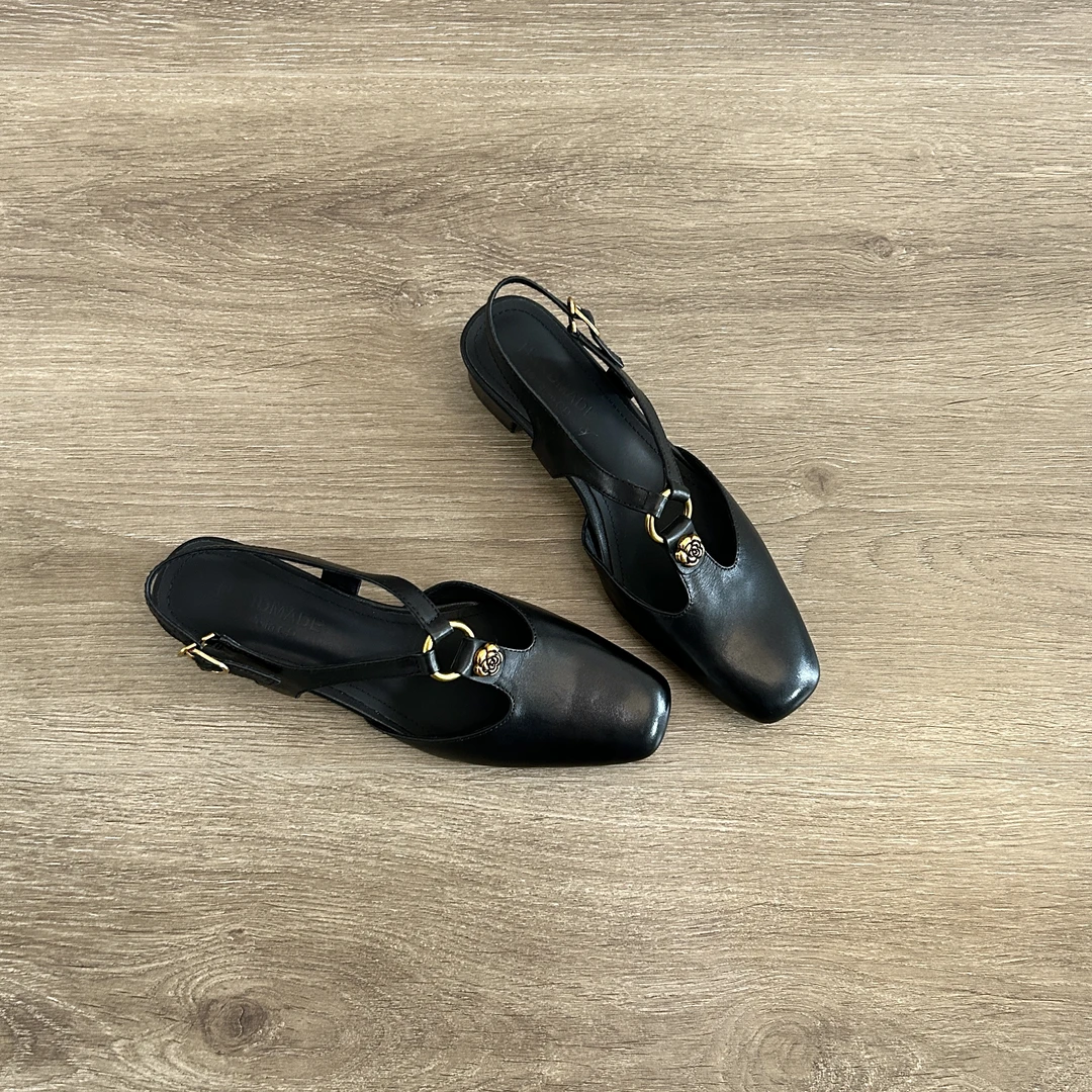 Dannyfrey小香风头层小牛皮山茶花2025新款百搭浅口休闲凉鞋