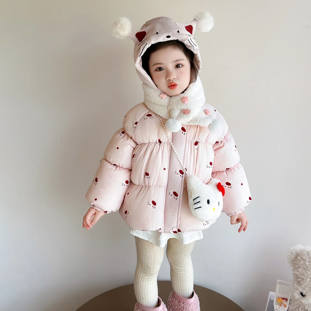 女童棉服2025新款秋冬季女宝宝棉衣保暖休闲连帽KT猫加绒加厚外套