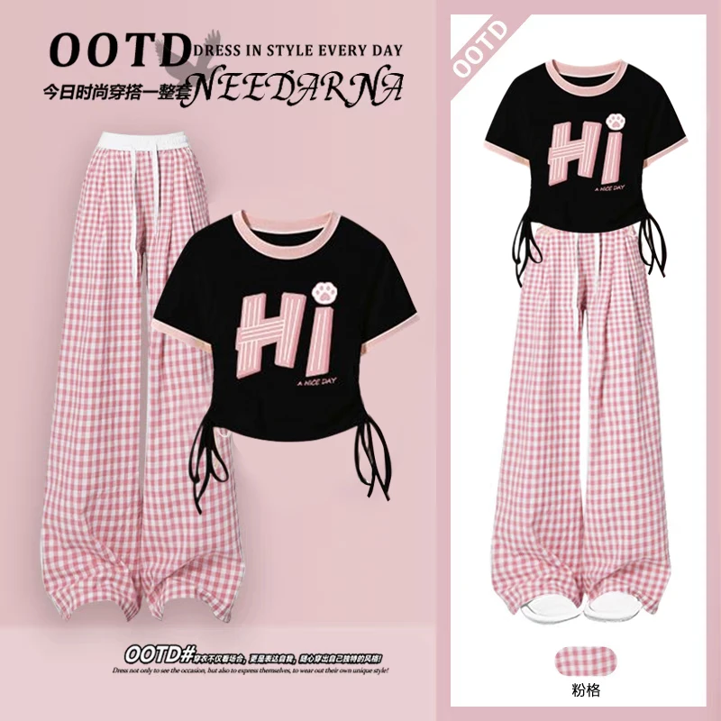 夏季中大童少女套装小学初高中学生洋气上衣高腰格子阔腿裤两件套