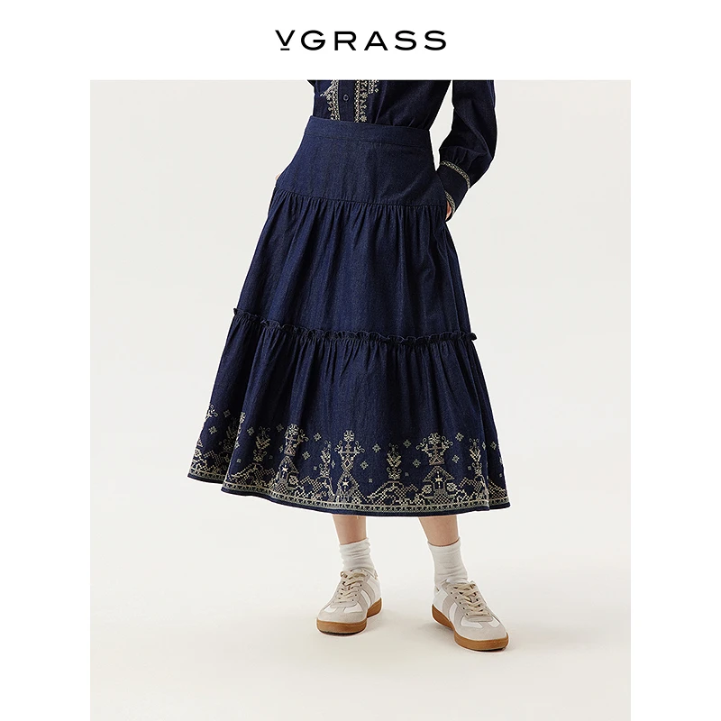 VGRASS手工立体小花边半身裙25年春季新款轻牛仔蛋糕裙VSB1Q1028C